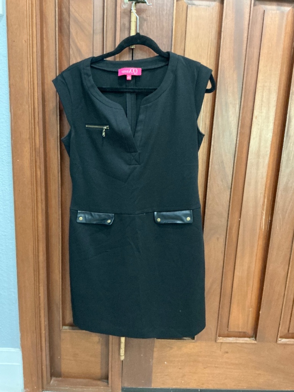 Nine & Co.: Black V-Neck Cap Shift Dress with faux leather flap pockets
